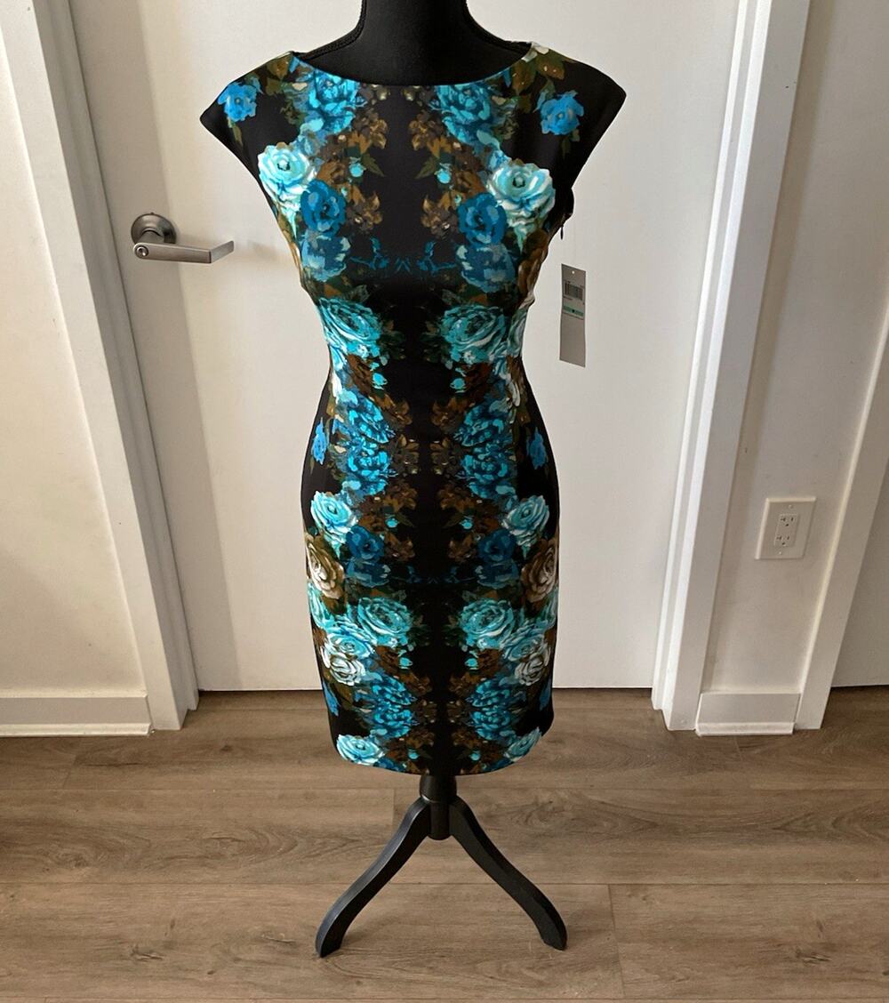 London Times Black Blue Green Floral Sheath Boat Neck Zip Stretch Dress Sz 8